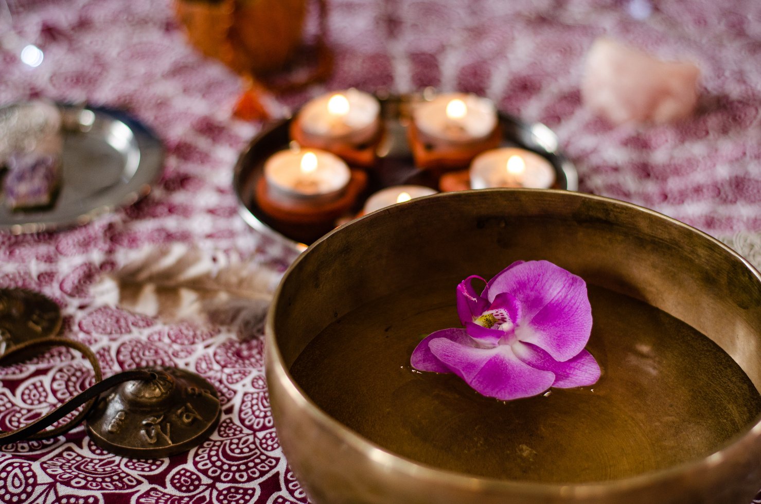 Set of tibetan singing bowl for yoga, spa salon, meditation, sound massage and healing, spiritual practices